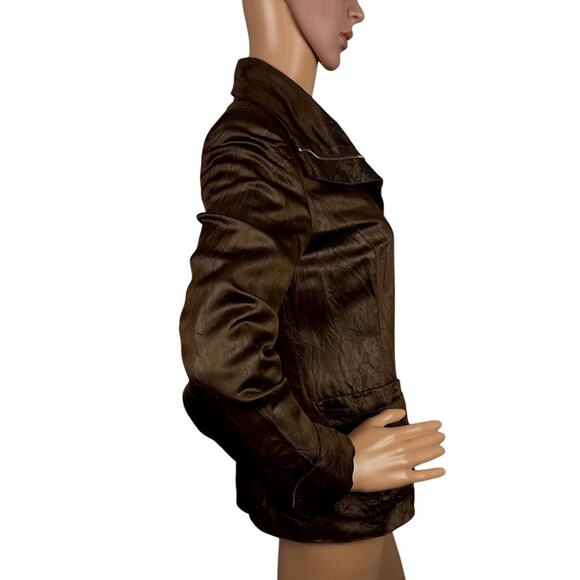 Lafayette 148 Brown Leather Look Full Zip Jacket Satin Feel Lined SZ 0 Designer - Picture 2 of 10